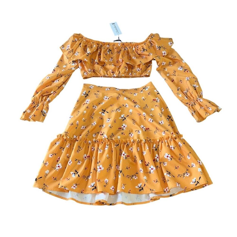 Two Piece Floral Skirt Crop Top Set Yellow